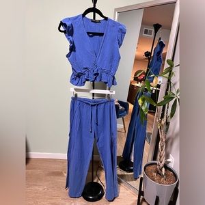 FANCYINN 2 Piece - Deep V Neck Crop Top Side Slit Drawstring Wide Leg Pants - S